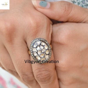 Anello Polki Diamante Pavimentazione Argento Sterling 925 Oro Vermeil Fascia Unisex Gioielli - Foto 1 di 7