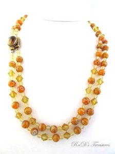 Vintage Marked CZECH Orange Millefiori Yellow ART Glass Double Strand Necklace - Picture 1 of 1