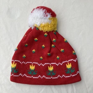 IGLOOS Girls Winter Hat Red Floral Yellow White Green Knit Beanie Pom Cap Wool - Picture 1 of 5
