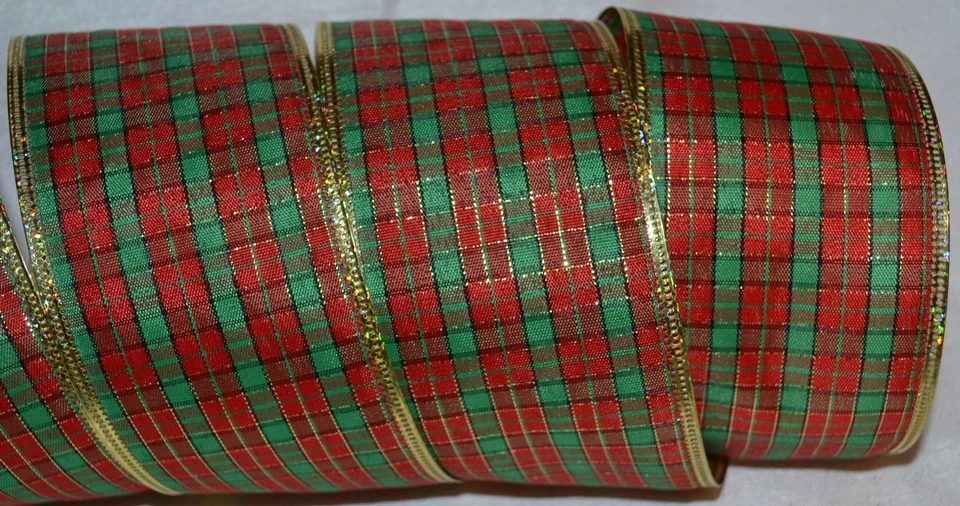 Cinta con cable ~ Tela escocesa roja de Navidad ~ Verde de vacaciones ~ Oro metálico ~ 2,5" ~ Corona ~ Arco Foto 1 de 1