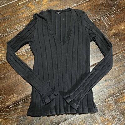 Camiseta negra Monrow manga larga cuello en V profundo acanalada mezcla de algodón talla mediana Foto 1 de 4