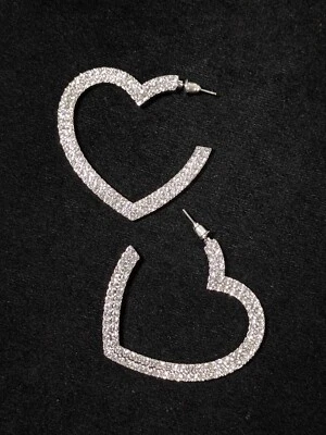 Silver Tone Crystal Pavel Open Heart Large Hoop Pierced Earrings - Image 1 of 4