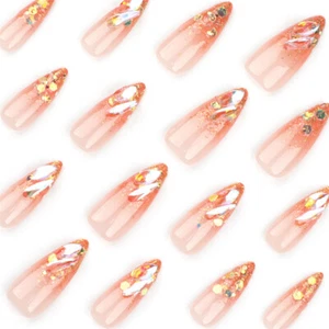 Long Almond Press-On False Nail Aurora Gold Sparkling Diamonds Manicure 24pcs - Picture 1 of 7