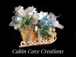 Christmas Sleigh Centerpiece Holiday Floral Arrangement, Ice BLUE Silver White - Picture 1 of 10