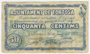 ☆ SPAIN CIVIL WAR 1937 • TORTOSA 50 CTS MUNICIPAL ☆ GUERRA CIVIL ESPAÑOLA ☆C5751 - Picture 1 of 2