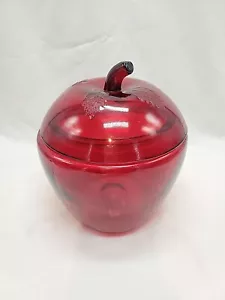 Vintage Ruby Red Flashed Glass Apple Jar Anchor Hocking Leaf Motif On Lid - Picture 1 of 10