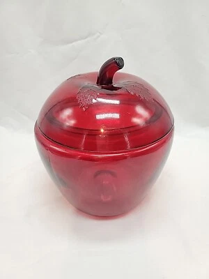Vintage Ruby Red Flashed Glass Apple Jar Anchor Hocking Leaf Motif On Lid - Image 1 of 4