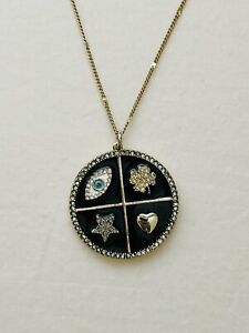 Stella & Dot Mindful Medallion Black Enamel Gold Tone Pendant Necklace Heart Eye