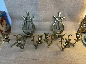 Antica coppia applique da parete candela ottone massiccio con braccia rimovibili lira arpa musica - Foto 1 di 5