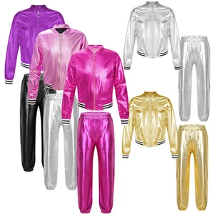 Kids Girls 2Pcs Hip Hop Street Dance Costume Metallic Jacket with Sweatpants Set - Picture 1 of 99
