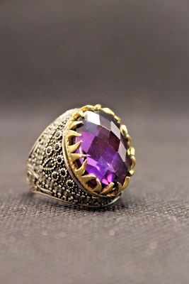 Anel masculino de prata esterlina 925 com pedra de zircão roxo feito à mão turco - Imagem 1 de 4
