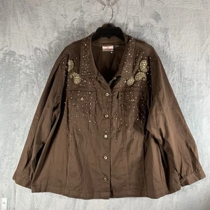 Quacker Factory Women's Denim Jacket 3X Brown Rhinestones Pearls Beaded Paisley - Picture 1 of 11