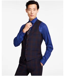 bar III Mens Slim Fit Plaid Four Button Vest, blue, S - Picture 1 of 1