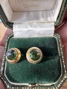 Vintage Rolled Gold Open Back Green Stone Earrings - Picture 1 of 6