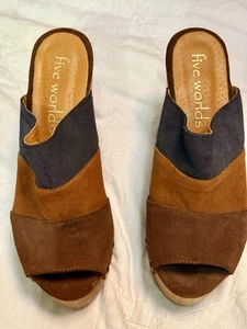 Five Worlds Plateau Holz Heels Leder Gr. 8,5 Braun 938 Peeptoe Pantoletten - Bild 1 von 9