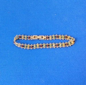Multi-Color Rhinestone Gold Tone Bracelet Green Yellow & Ruby Rhinestone Vintage - Picture 1 of 6