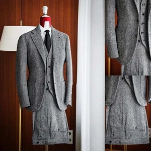 Men Gray Herringbone Suit Single Breasted Jacket Notch Lapel Regular Fit 2Pcs - Picture 1 of 10