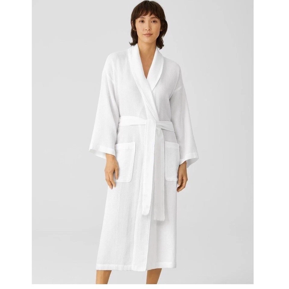 Eileen Fisher Organic Cotton Waffle Spa Robe White Full Length Women's Size L/XL - Image 1 of 4