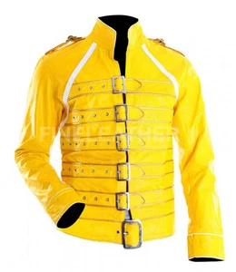 Freddie Mercury Strap Wembley Concert Men's Yellow Faux Leather Jacket BIG SALE - Picture 1 of 3