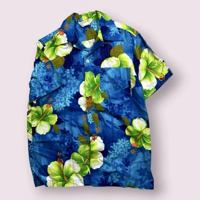 Vintage Masculino Real Havaiano Gola Laço Botão Moeda Algodão Feito nos EUA Anos 60 Tamanho M - Imagem 1 de 4