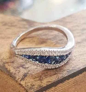 1.30 Ct Round Cut Natural Sapphire Diamond Engagement Ring 14K White Gold Solid - Picture 1 of 5