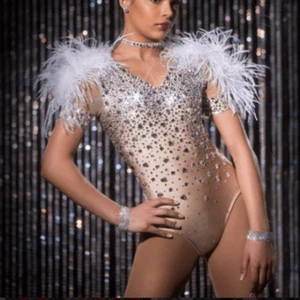 Costume da ballo glamour solo cristallo strass piuma beige marrone chiaro MA Medium adulto - Foto 1 di 13