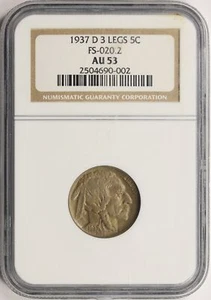 1937-D 3 Legs 5c Buffalo Nickel FS-020.2 NGC AU53 - Picture 1 of 4