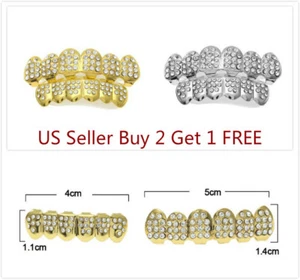 Hip Hop Teeth Grillz Vampire Halloween Top Bottom Diamonds 14K Gold Silver - Picture 1 of 8
