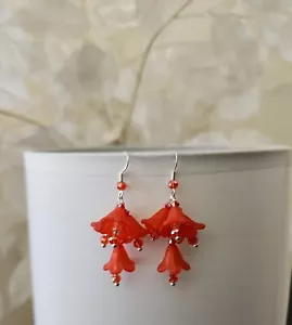 Red Lucite Flower Earrings With Crystals In Silver - Picture 1 of 4