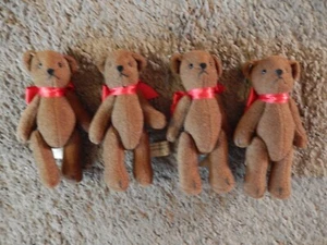 Dept 56 Flocked Brown Teddy Bear Ornament Set Lot 4 pc Christmas Red Bows tags - Picture 1 of 8