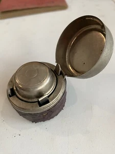 Antique Brass & Leather Inkwell Pocket Traveling Victorian Era Hinged Engraved - Picture 1 of 5
