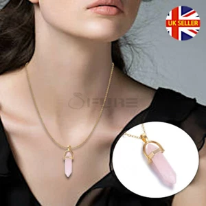 Bullet Shaped Chakra Healing Stone Pink Quartz Crystal Pendant Necklace Jewelry - Picture 1 of 12