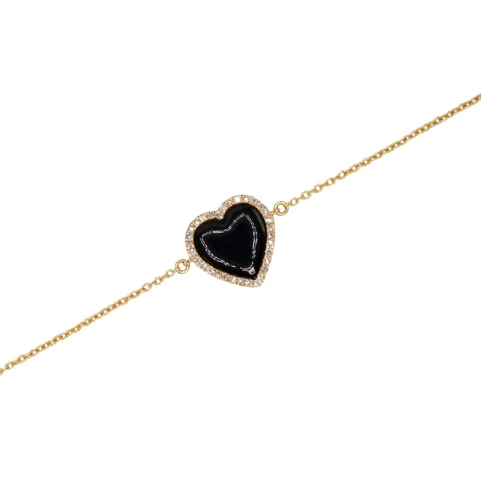 Pulseira de coração e diamante de ônix preto ouro amarelo 14k - Imagem 1 de 2
