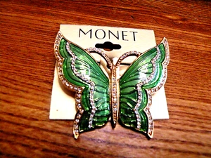 Monet Schmetterling Brosche grüne Emaille klar Strass Gold Zierleiste. KOSTENLOSER VERSAND - Bild 1 von 1