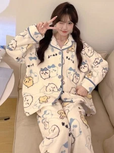Cute Chiikawa Usagi Hachiware Long Sleeved Pajamas Women Nightshirt Sleepwear - Picture 1 of 7