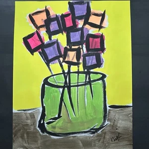 Floral Art Original Abstrakte Blume Acryl Gemälde Modern Pop Art 11x14 - Bild 1 von 8