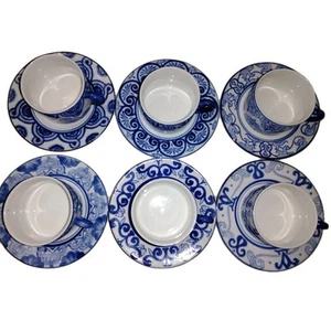 BOMBAY Company 6 Tea cups 6 Saucers Blue & White Porcelain Beautiful Designs - Picture 1 of 18