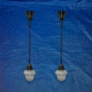 Pair Rewired Pendant Lights Brass Frosted Shades 11F - Picture 1 of 6