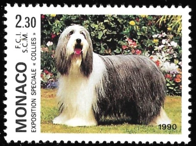 Collie barbudo Monaco Scott 1704 International Dog Show en estado bastante bueno MNH emitido 1990 Foto 1 de 2
