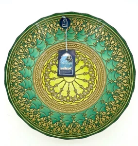 Turkish Glass Round Bowl Serving Salad Gold Lace Green 12" Wide 2.75" Deep - Picture 1 of 8