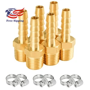 Solid Brass Thread Barb Hex Fittings 3/8"NPT Male x 1/2" Barb with 6 Clamps 6PCS - Picture 1 of 4