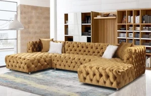 Luxurious Red Velvet Chesterfield Sofa - U-Shaped, Tufted, Modular Sectional wit - Picture 1 of 4