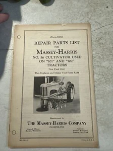 1944 Massey Harris No. 56 Cultivator Used 101&102 Tractors Repair Parts List - Picture 1 of 5