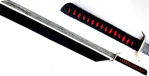 DAMASCUS STEEL JAPANESE KATAANA WARRIOR SWORD BLADE BRASS GUARD & LEATHER SCAB - Picture 1 of 5