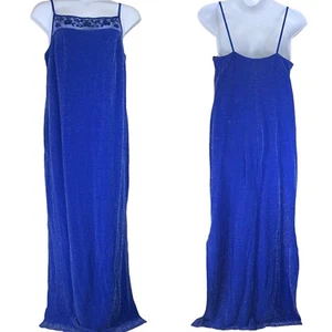 Vintage Dress 2X Blue Silver Sparkly Maxi Tank Floral Neckline Slits Roberta - Picture 1 of 7