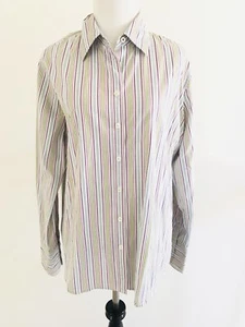 J Crew Button Front Shirt Womens Size L Green Collar Pinstripe Slim Fit Cuff - Picture 1 of 11