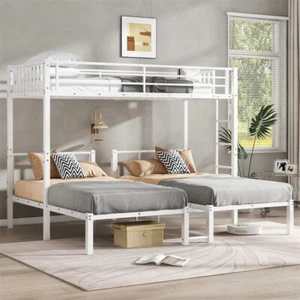 Twin Over Twin and Twin Bunk Beds for 3 Kids,Metal Triple Bunk Bed Frame White - Picture 1 of 15
