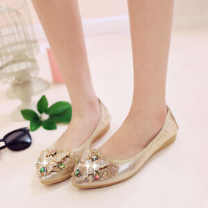 Mom Shoes Women Butterfly Rhinestone Balletic Gold Silver Soft Big Size Flats