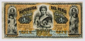 PERU 1 SOL 1879 P-1 SEE SCAN VERY RARE - Picture 1 of 2
