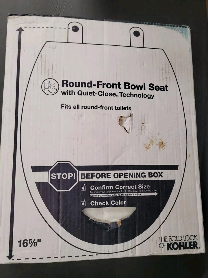 Asiento de inodoro delantero cerrado redondo de madera ancha KOHLER 25882-0 en blanco CAJA ABIERTA Foto 1 de 1